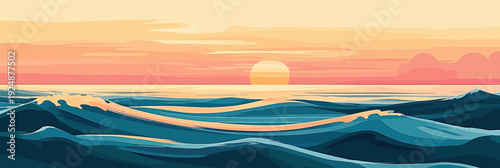 Minimalist vector illustration of calm ocean waves at sunset with warm pastel sky and smooth sea surface in flat style for serene seascape design
