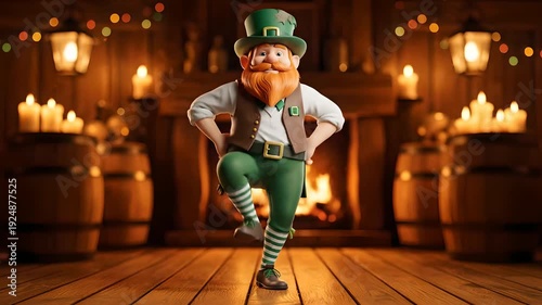 Animated leprechaun dancing a cheerful jig in a cozy Irish pub with a fireplace and barrels. Ideal for St. Patrick's Day promotions, Irish culture celebrations, pub advertisements,
