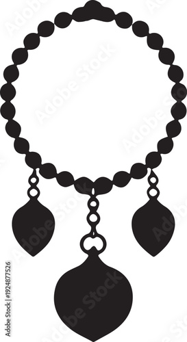 Ornate necklace with multiple pendants and beads silhouette on checkered background
