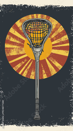 Vintage lacrosse stick with mesh pocket centered on retro sunburst background vector illustration for sports design and hobby gift