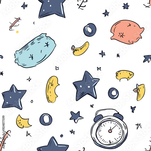 Seamless pattern of hand drawn stars, alarm clocks, pillows, moons and rings in minimalist doodle style on white background for kids sleep and dream theme vector illustration