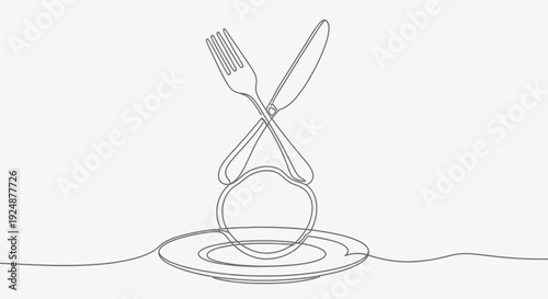 Minimalist single line drawing of a plate with cutlery and food, representing a meal.