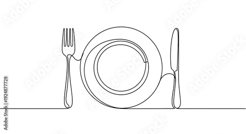 Minimalist single line drawing of a plate with fork and knife, elegant dining setup
