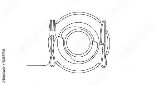 Minimalist Single Line Drawing of a Plate with Fork and Knife, Elegant Table Setting