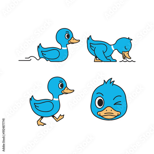 Obraz na płótnie Blue duck cartoon character in various poses and emotions on white background