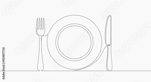 Minimalist single line drawing of a plate with fork and knife, ready for a meal
