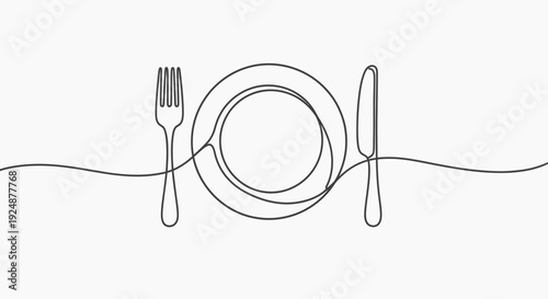 Minimalist single line drawing of a plate with fork and knife, elegant table setting