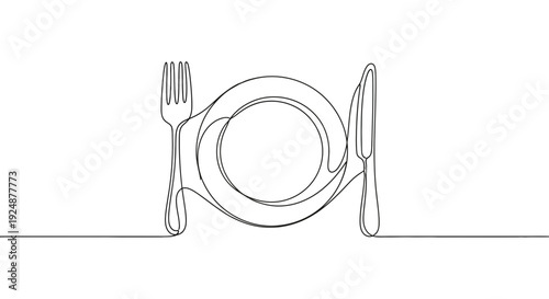 Minimalist single line drawing of a plate with fork and knife, representing dining and cuisine.