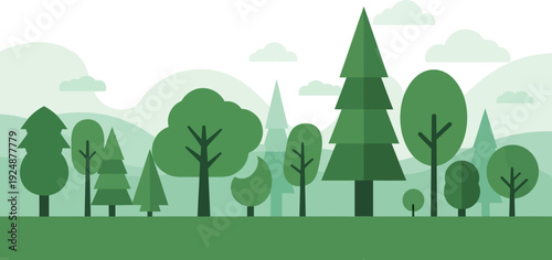 Serene Woodland Landscape with Various Green Trees and Rolling Hills Under a Cloudy Sky, Abstract Nature Illustration