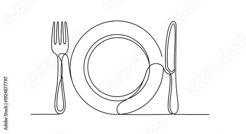 Minimalist single line drawing of a plate with fork and knife, representing dining and food.