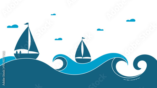 Two sailboats glide across calm ocean waves under a serene sky with fluffy clouds