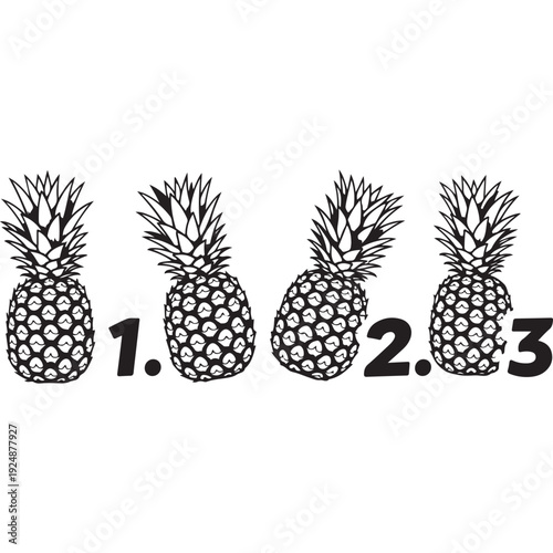 Four pineapples with numbers 1, 2, and 3 in black and white illustration.