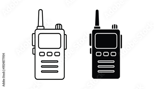 Two black and white walkie talkie devices with antennas and buttons