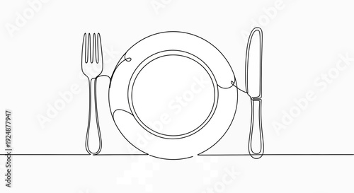 Minimalist single line drawing of a plate, fork and knife. Table setting concept.
