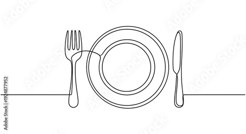 Minimalist Single Line Drawing of a Plate, Fork, and Knife - Ready for a Meal