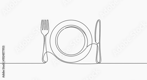 Minimalist Single Line Drawing of a Plate, Fork, and Knife - Ready to Eat