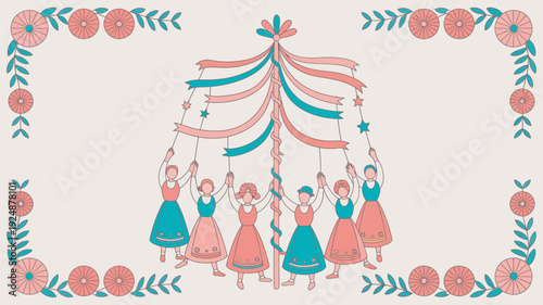 A group of women in traditional dresses dancing around a maypole with ribbons and flowers