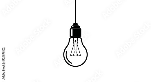 Minimalist Black and White Light Bulb Icon Hanging from a Wire