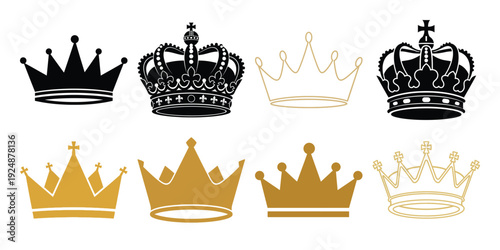 Collection of royal crowns in various colors and designs