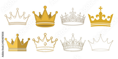 Collection of 8 regal crown illustrations in gold and silver