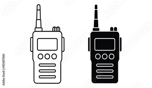Two handheld radios with antennas and screens in black and white line art