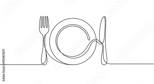 Minimalist continuous line drawing of a plate with fork and knife, representing dining and food.