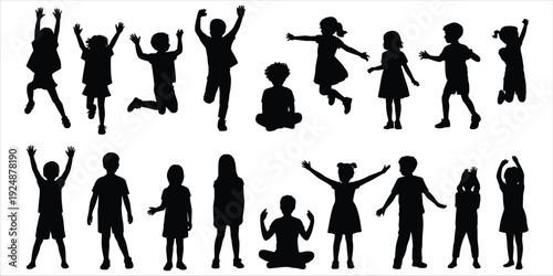 Silhouettes of joyful children in various poses on a white background kids happy