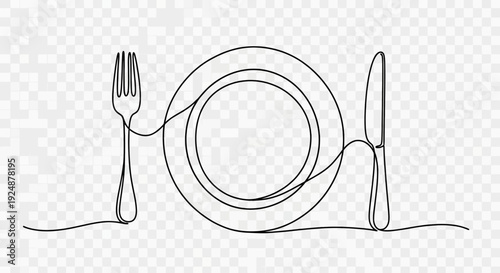 Minimalist continuous line drawing of a plate, fork, and knife, representing dining and food.