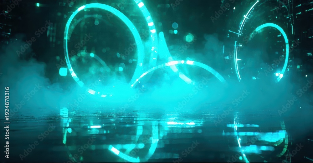 Obraz premium Futuristic scene. Glowing rings float above reflective surface. Blue light dominates dark background. Mysterious, ethereal atmosphere.