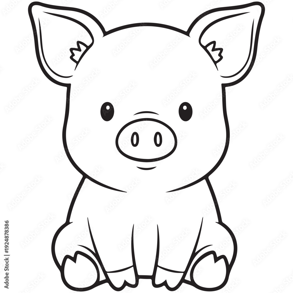Obraz premium Cute cartoon piglet sitting in outline drawing style, black and white.
