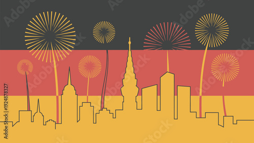 A vibrant city skyline with fireworks on a German flag background celebrating a festive occasion