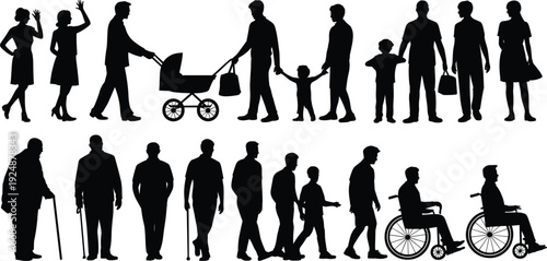 Silhouettes of People of Different Ages and Abilities on White Background family woman