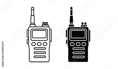 Two handheld radios with antennas and screens in black and white line art