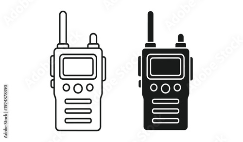 Two black and white walkie talkie devices with antennas on top for communication purposes