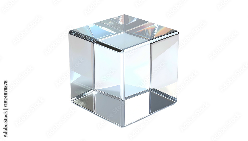 Fototapeta premium A clear, multi-faceted glass cube with reflections and refractions on a black background