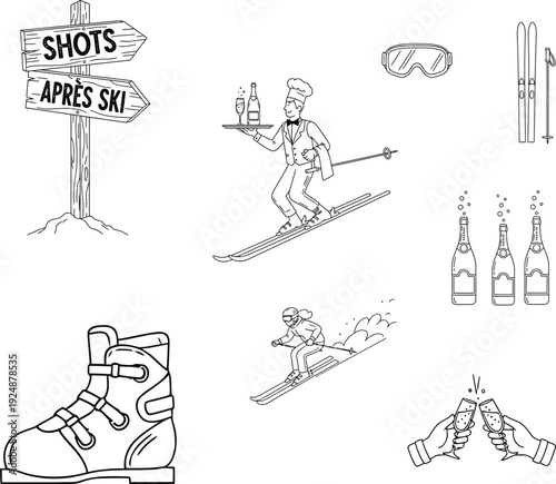 Hand drawn apres ski illustrations featuring skiers drinks and winter sports gear