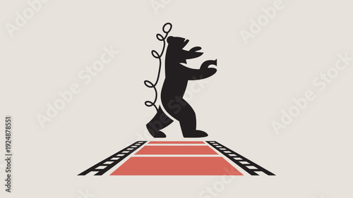 A black bear walks on a red carpet with film reels on a beige background