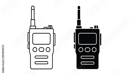 Two handheld radios with antennas and screens in black and white line art