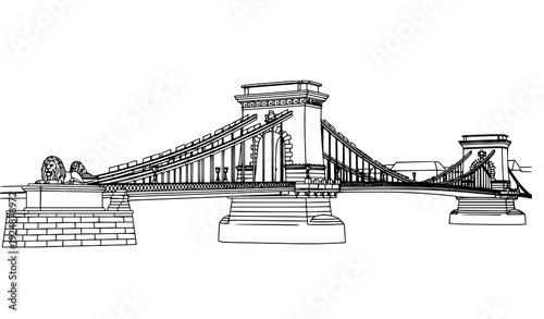Minimalist Line Art Vector of Chain Bridge Budapest Hungary Landmark on White Background