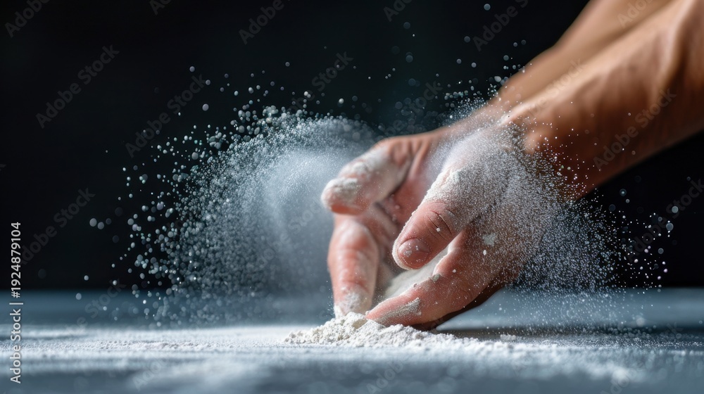 Fototapeta premium Hands Dispensing Flour with a Dusty Cloud Against a Dark Background in a Culinary Setting