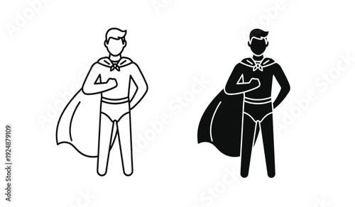 Two superhero silhouettes standing confidently with capes flowing behind them in black and white line art on a pure