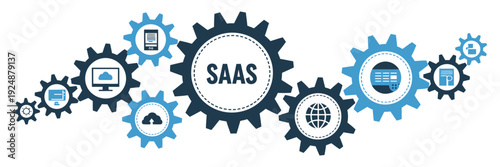 SAAS internet synchronization and remote devices banner showing rank badges, associate level, professional engineer, senior architect, department head, technology director, chief information officer.