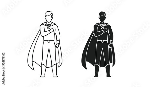 Two superhero illustrations in line art and silhouette styles standing confidently with arms crossed