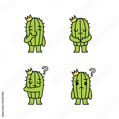Cactus Characters Showing Different Emotions and Confusion in Cartoon Style