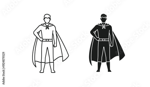 Two superhero characters in black and white line art standing with hands on hips wearing capes and masks