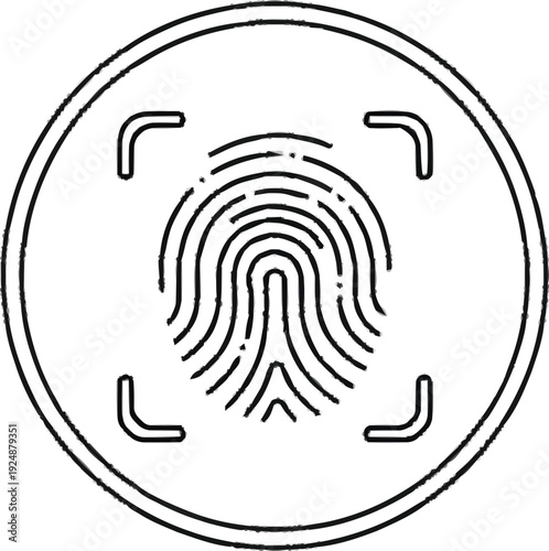 Biometric fingerprint scanning icon with circular frame and identification sensor lines for security access validation