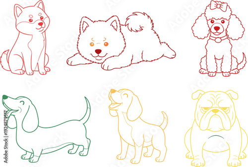 A Colorful Collection of Cartoon Dog Breeds: Shiba Inu, Pomeranian, Poodle, Dachshund, Beagle, Bulldog.