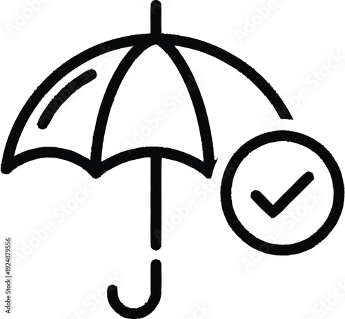 Insurance coverage icon featuring umbrella with checkmark symbol for protection and safety guarantee concept illustration