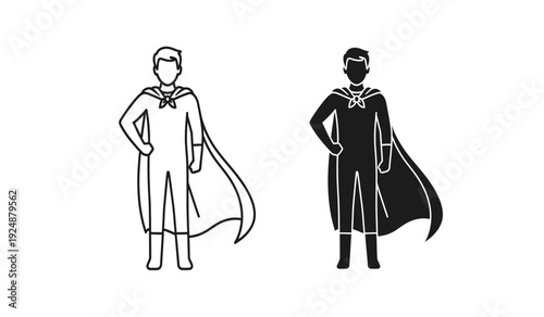 Two superheroes in black and white line art with capes and confident poses