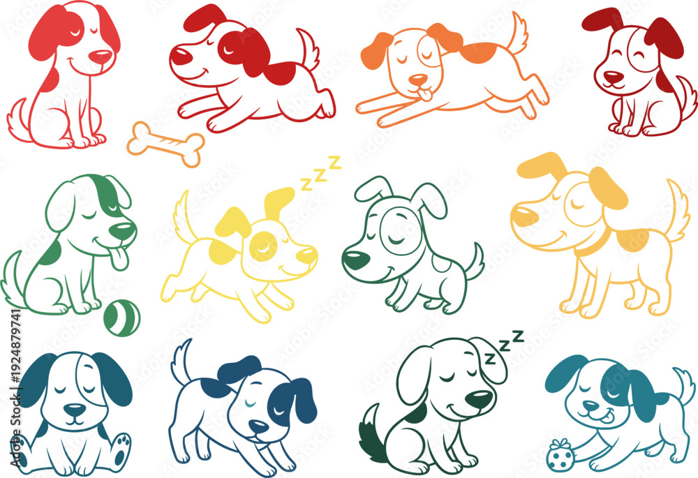 Obraz premium A playful collection of adorable cartoon dogs in various poses and colors.